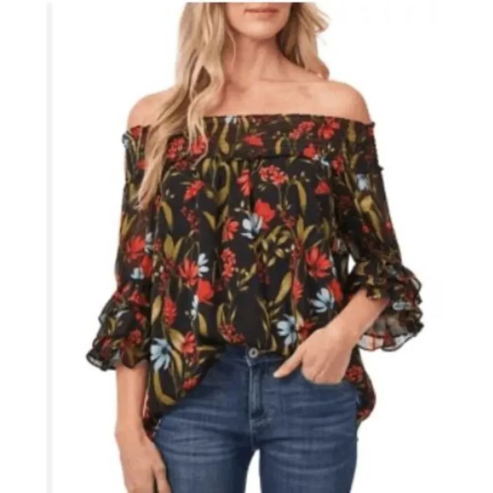 CeCe Floral Print Smocked Off The Shoulder Blouse Size M